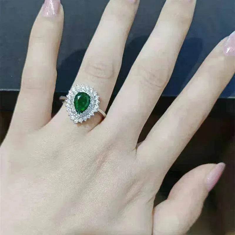 Ins Trendy Heart-shaped Emerald Water Drop Ring Full Diamond - EX-STOCK Canada