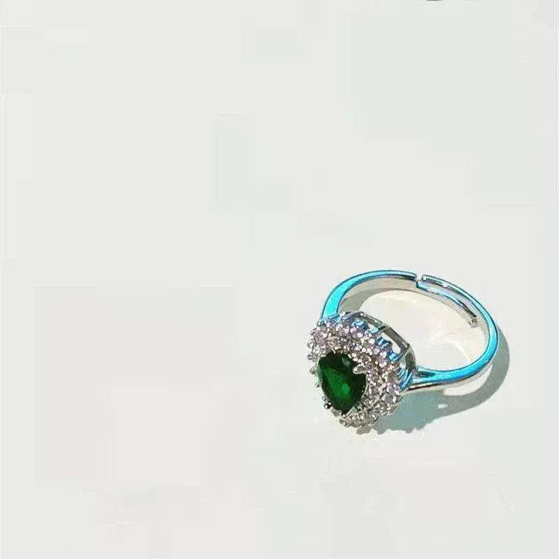 Ins Trendy Heart-shaped Emerald Water Drop Ring Full Diamond - EX-STOCK Canada