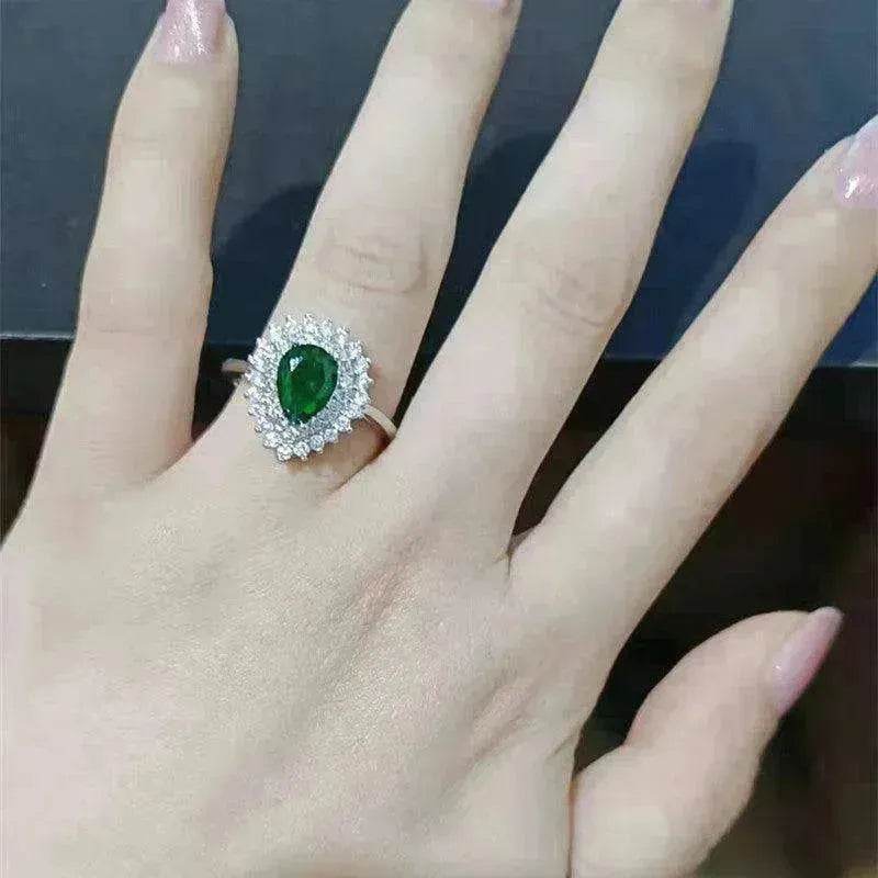 Ins Trendy Heart-shaped Emerald Water Drop Ring Full Diamond - EX-STOCK Canada