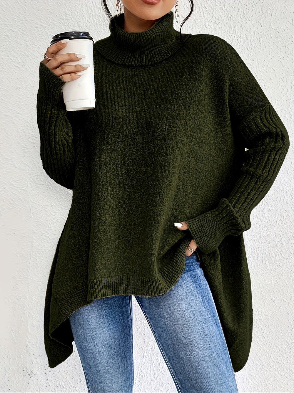 Irregular Turtleneck Sweater Winter Loose Long Sleeve Knitted Tops Leisure Warm Pullover Sweater Women's Clothing EX-STOCK Canada