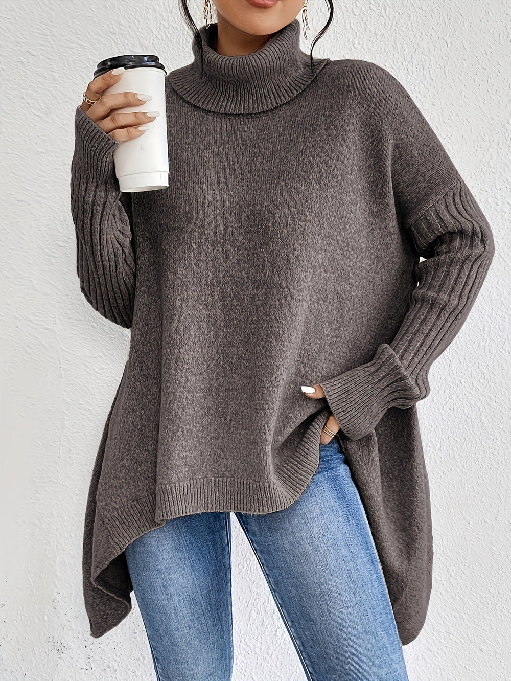 Irregular Turtleneck Sweater Winter Loose Long Sleeve Knitted Tops Leisure Warm Pullover Sweater Women's Clothing EX-STOCK Canada