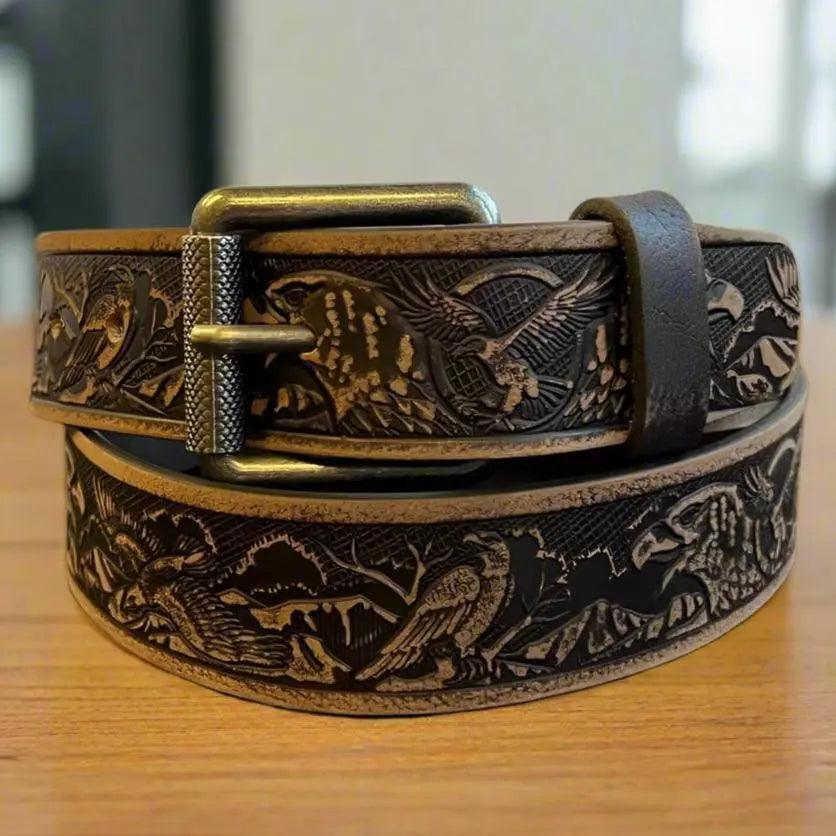 Ceinture pour hommes en cuir Keldon Grain avec aigle embossé et boucle amovibleEX-STOCK Canada