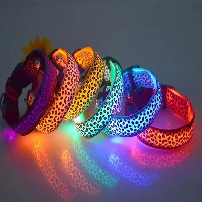 LED Dog Collar Safety Adjustable Nylon Leopard Pet Collar EX-STOCK Canada