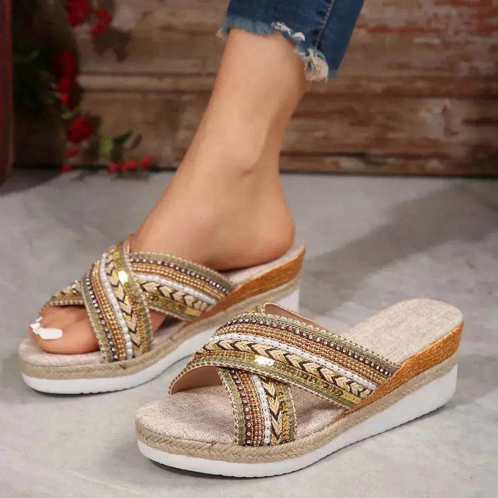 Sandalias de cuña de lino estilo étnico de verano con tiras cruzadas para mujer, chanclas antideslizantes, zapatos de playa - EX-STOCK Canada