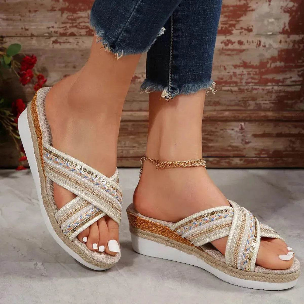 Sandalias de cuña de lino estilo étnico de verano con tiras cruzadas para mujer, chanclas antideslizantes, zapatos de playa - EX-STOCK Canada