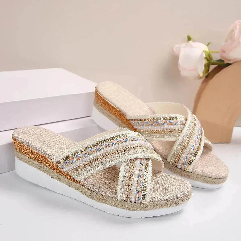 Sandalias de cuña de lino estilo étnico de verano con tiras cruzadas para mujer, chanclas antideslizantes, zapatos de playa - EX-STOCK Canada