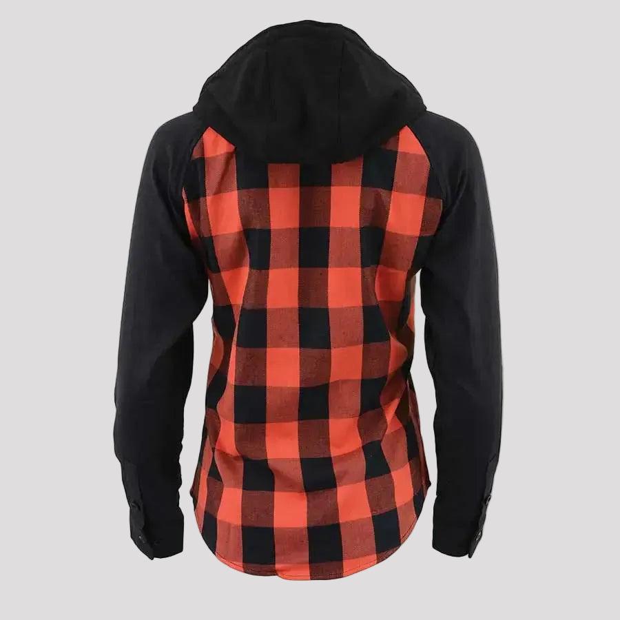 Camisa de cuero de cuero de cuadros con capucha y capucha de mujer