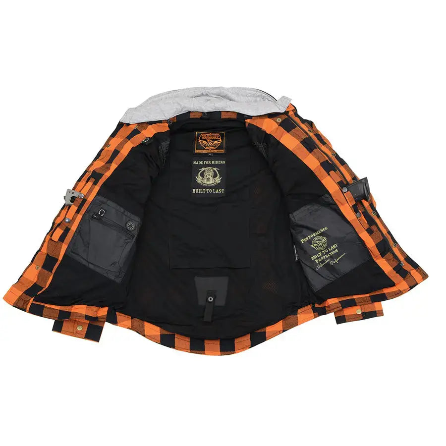 Milwaukee Leather Men's Orange & Black Armored Flannel Biker Shirt w/ Reinforced Fibers EX-STOCK Canada