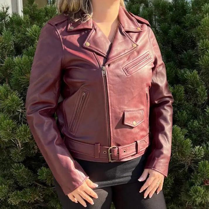 Damen-Lammleder-Bikerjacke mit Gürtel