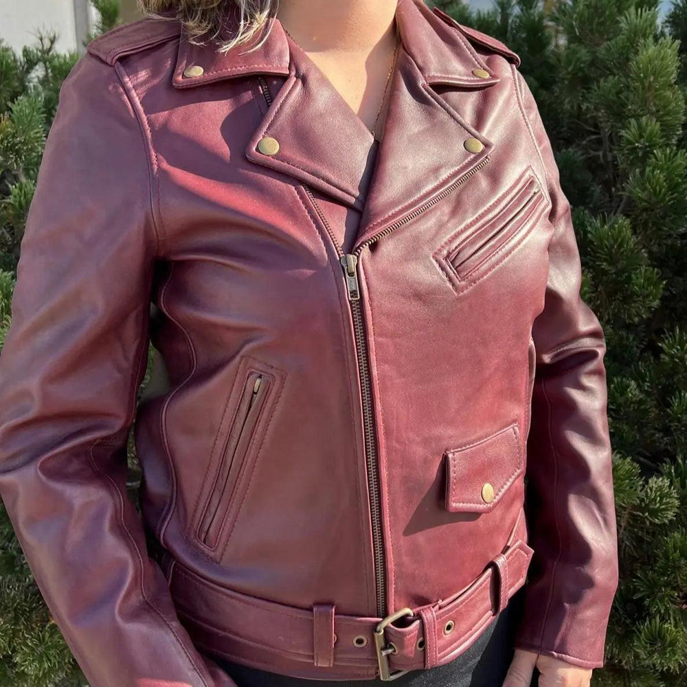 Damen-Lammleder-Bikerjacke mit Gürtel
