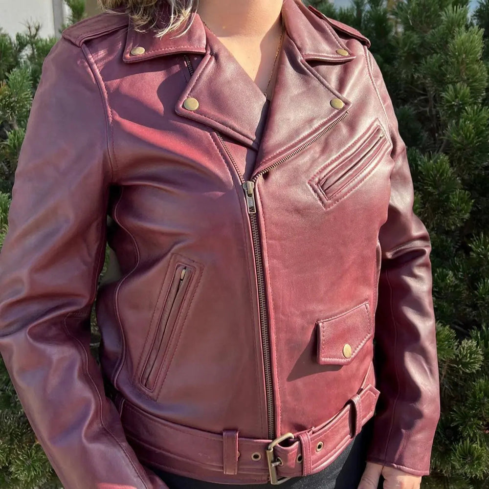 Damen-Lammleder-Bikerjacke mit Gürtel