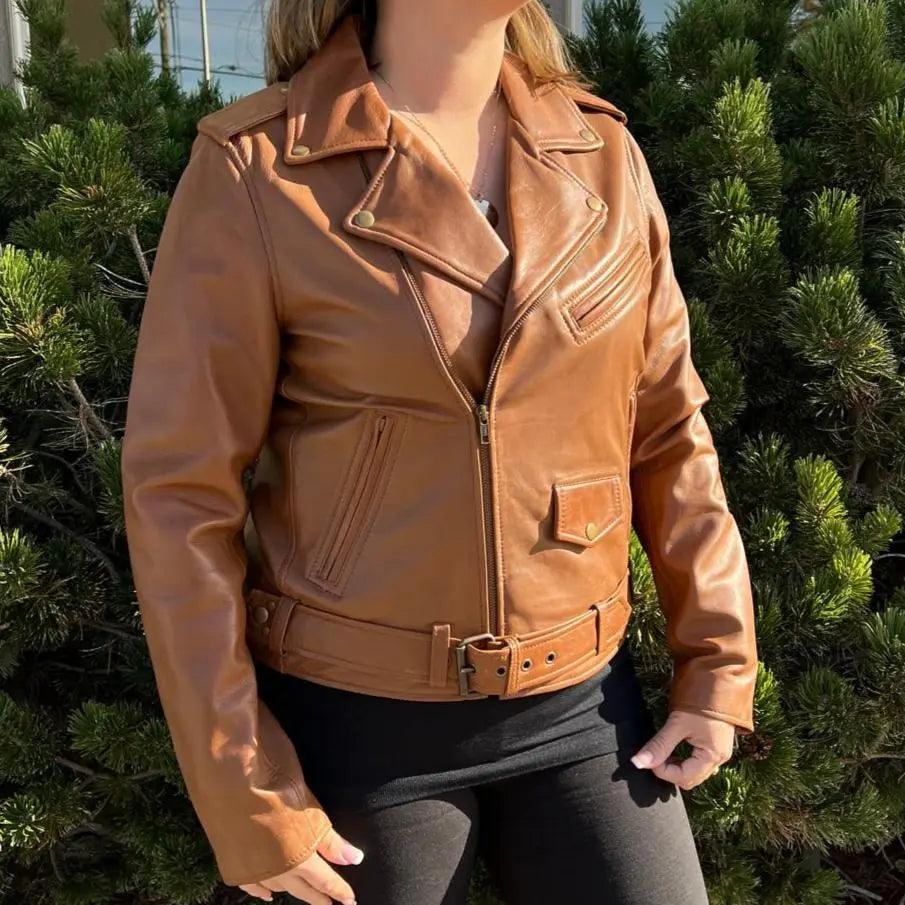 Damen-Lammleder-Bikerjacke mit Gürtel