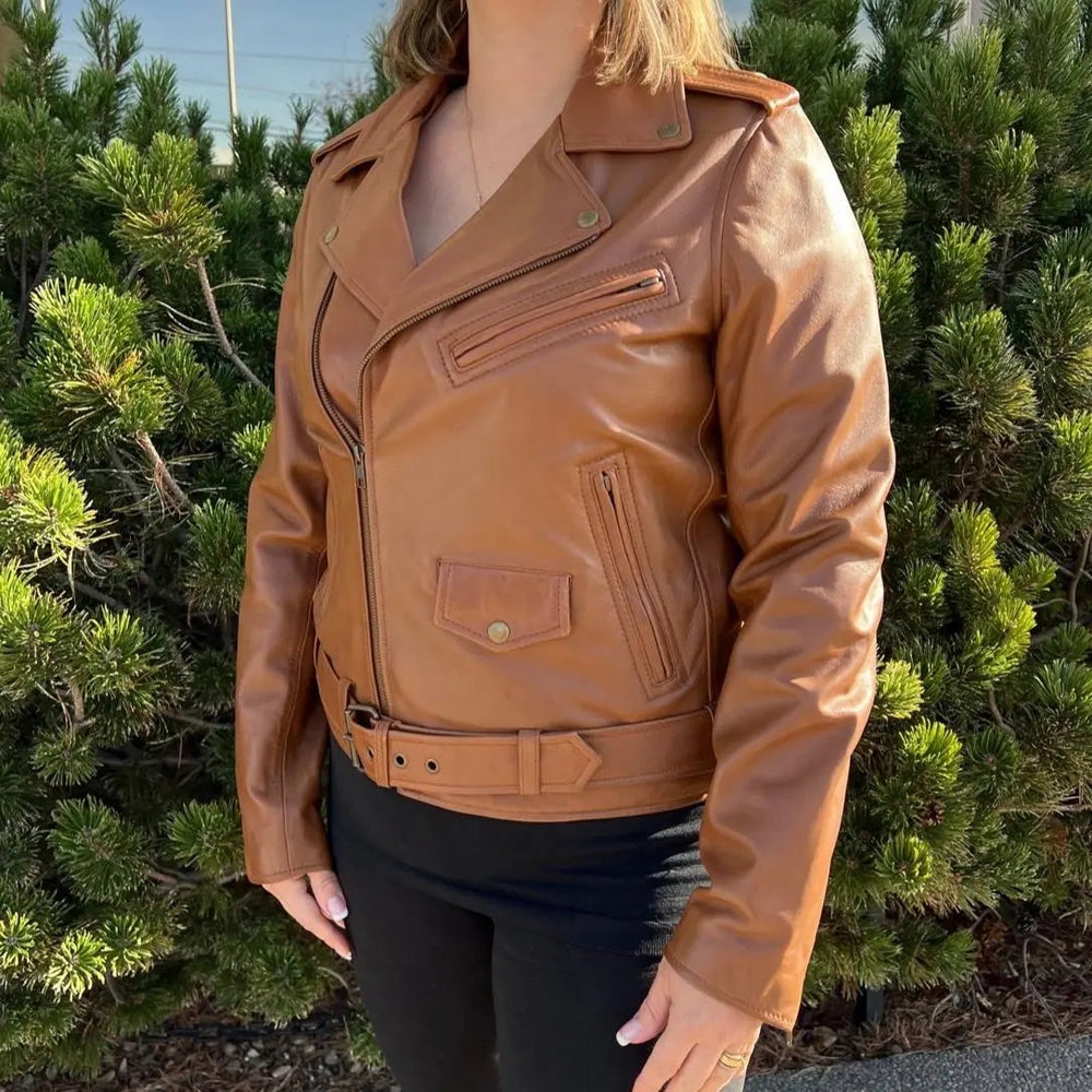 Damen-Lammleder-Bikerjacke mit GürtelEX-STOCK Canada