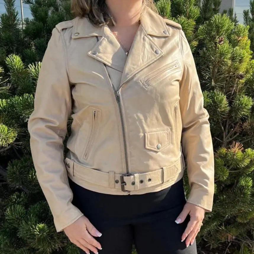 Damen-Lammleder-Bikerjacke mit GürtelEX-STOCK Canada