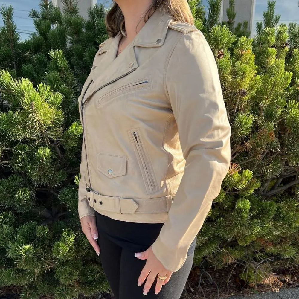 Damen-Lammleder-Bikerjacke mit Gürtel