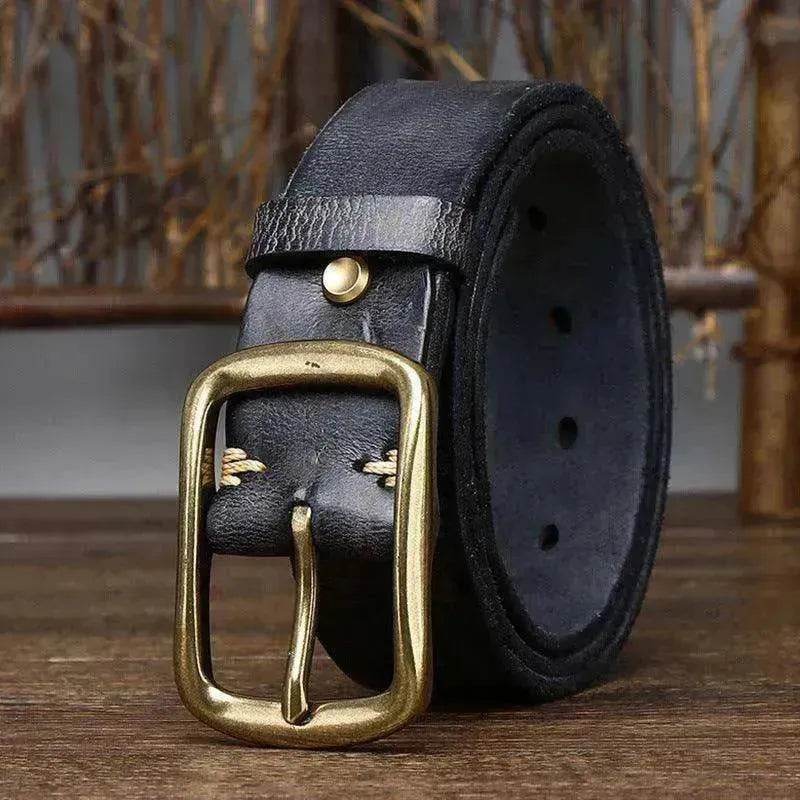 Men's Cowhide Vintage Distressed Pleated Brass Buckle Belt - EX-STOCK Canada