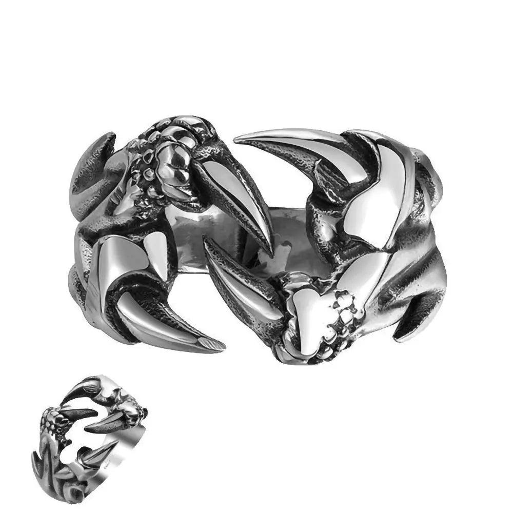 Bague en griffes de dragon ouverte dominatrice pour hommes, bijoux punk en chrome, bague en acier titane griffes de dragon cœur pour hommes - EX-STOCK Canada