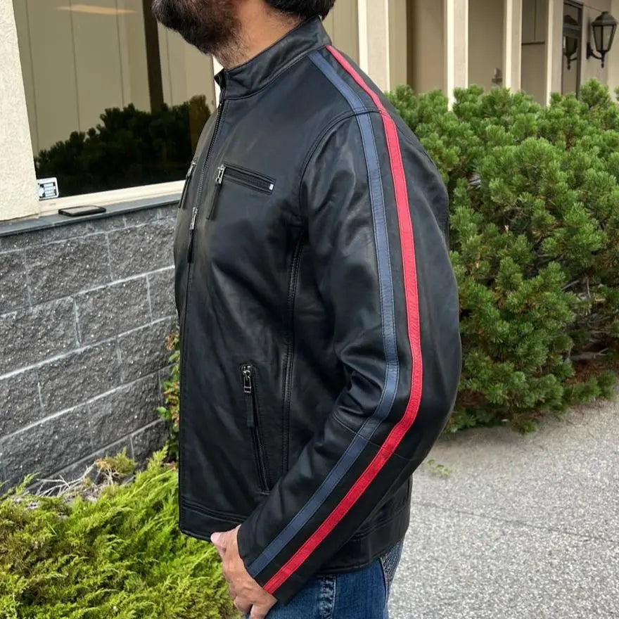Men's Lamb Leather Jacket with Stripes EX-STOCK Canada
