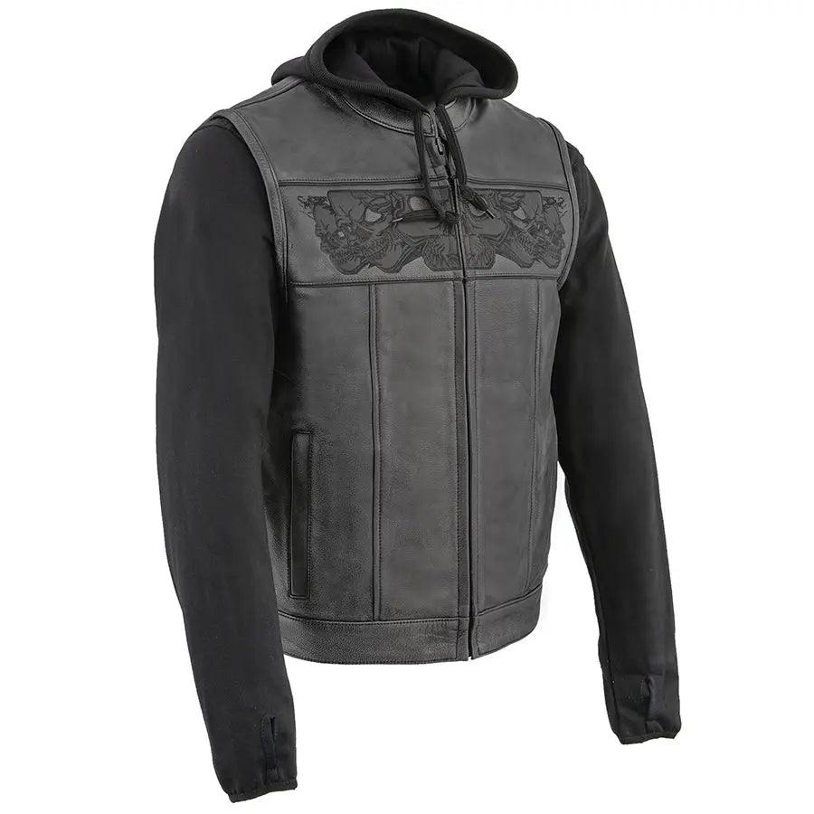 Milwaukee Leather Herren Lederweste in Schwarz mit reflektierenden Totenköpfen und vollständig gefüttertem HoodieEX-STOCK Canada