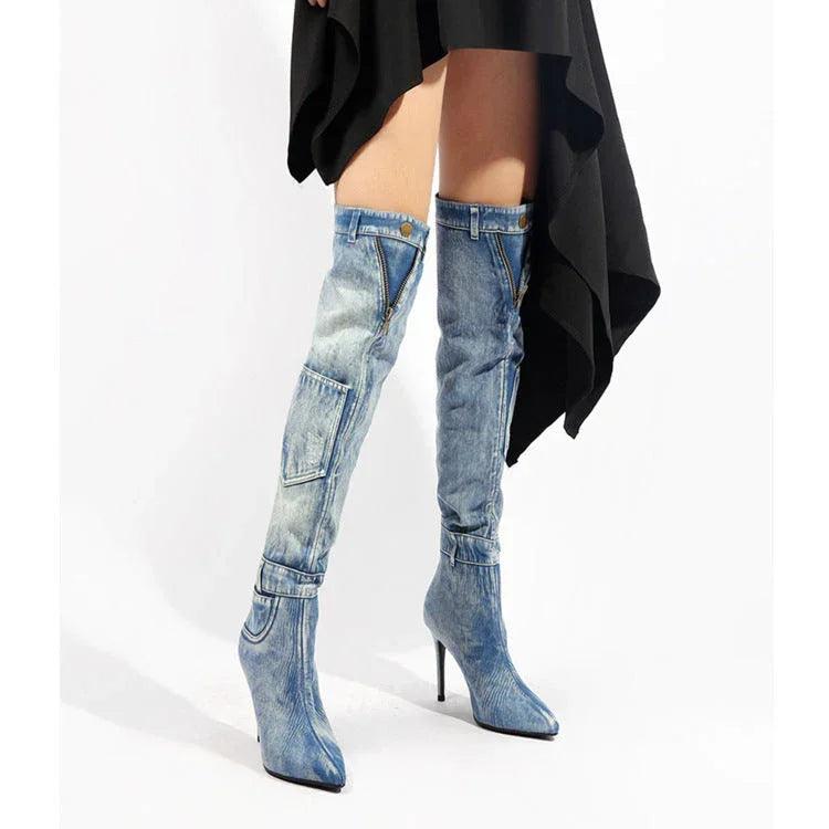 Nuovi stivali da equitazione in denim sopra il ginocchio eleganti, a tacco sottile e altoEX-STOCK Canada