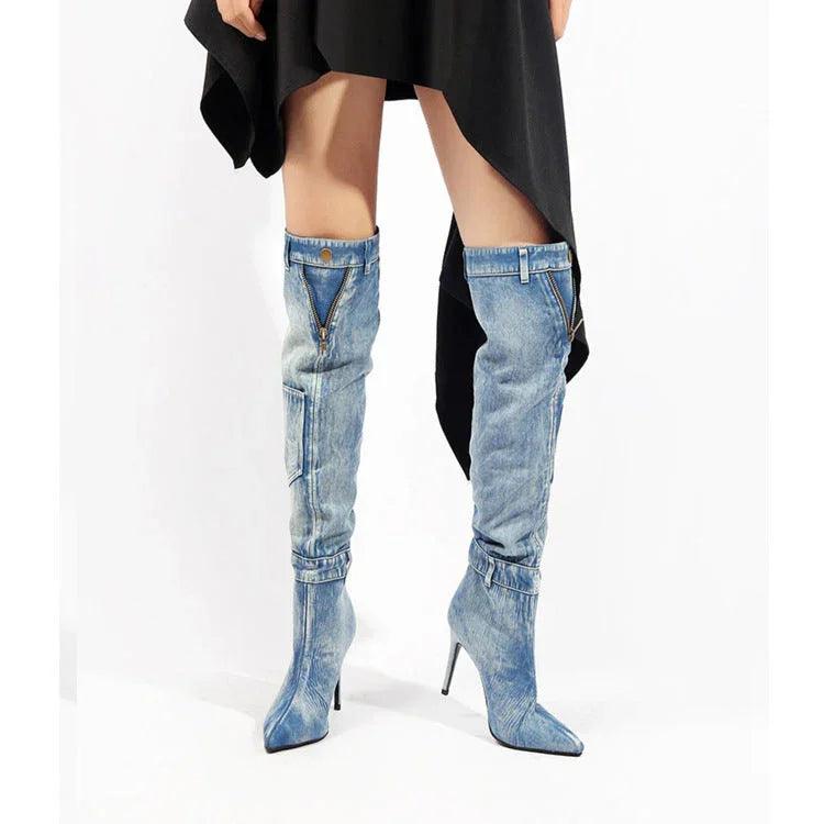 Nuovi stivali da equitazione in denim sopra il ginocchio eleganti, a tacco sottile e altoEX-STOCK Canada