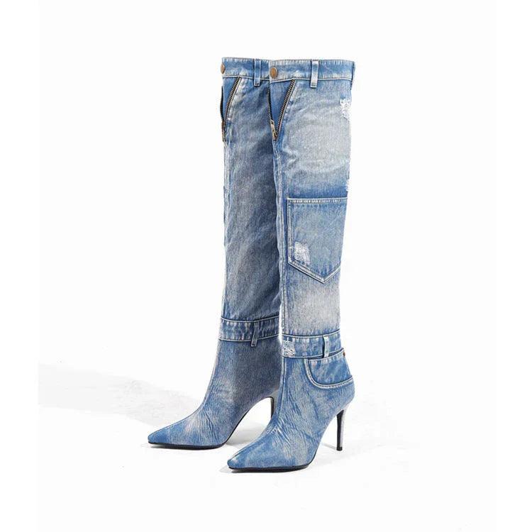Nuovi stivali da equitazione in denim sopra il ginocchio eleganti, a tacco sottile e altoEX-STOCK Canada
