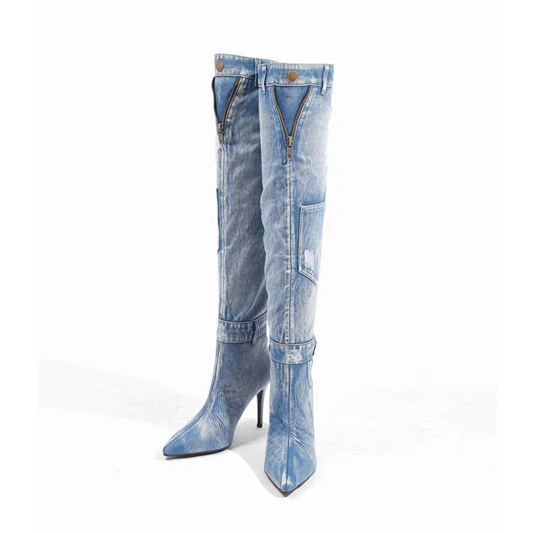 New Denim Over The Knee Elegant Slim Heel High Heel Riding Boots EX-STOCK Canada