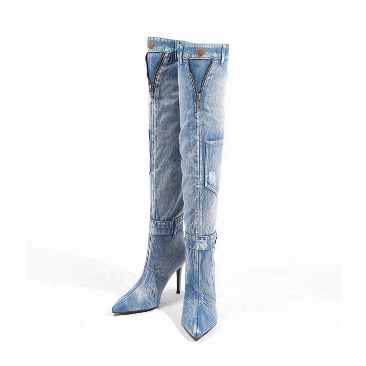 Nuovi stivali da equitazione in denim sopra il ginocchio eleganti, a tacco sottile e altoEX-STOCK Canada