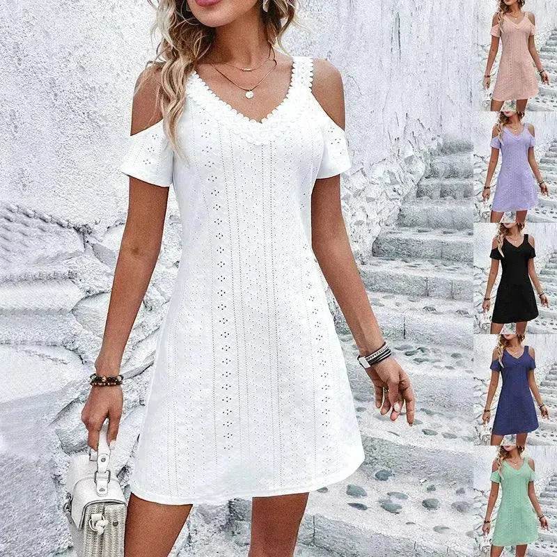 off shoulder dresses casual New Off-shoulder Short-sleeved Dress Fashion Summer Slimming A-line Light Purple / XL