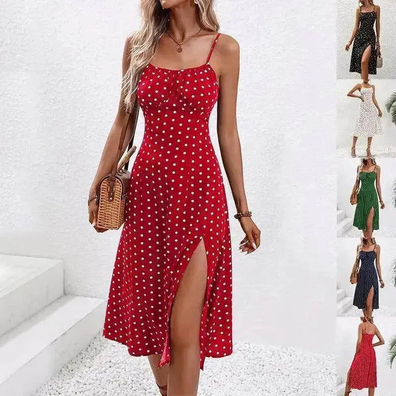 New Polka Dot Print Suspender Dress Summer Charming Slit Long Dresses For Womens Clothing - EX-STOCK Canada