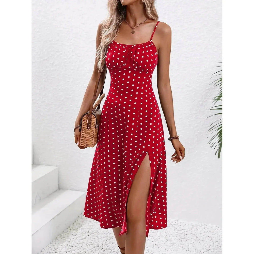 New Polka Dot Print Suspender Dress Summer Charming Slit Long Dresses For Womens Clothing - EX-STOCK Canada