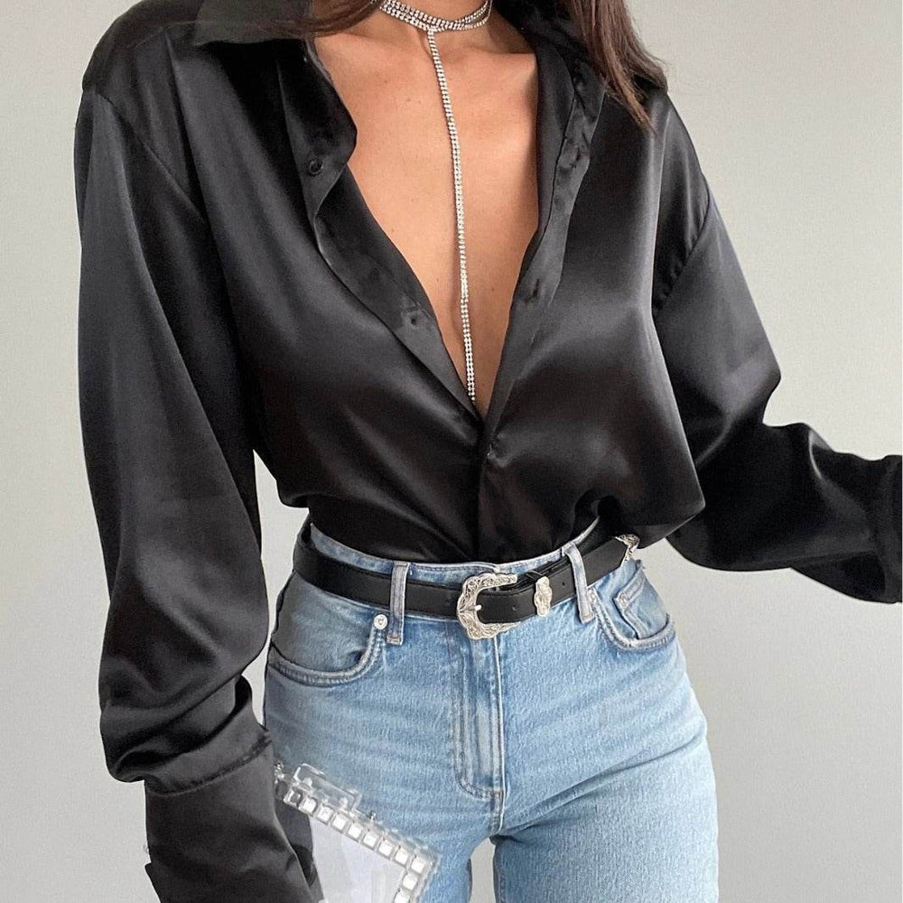 Single-breasted Long Sleeve Lapel Satin Blouse Shirt for work business office - EX-STOCK Canada