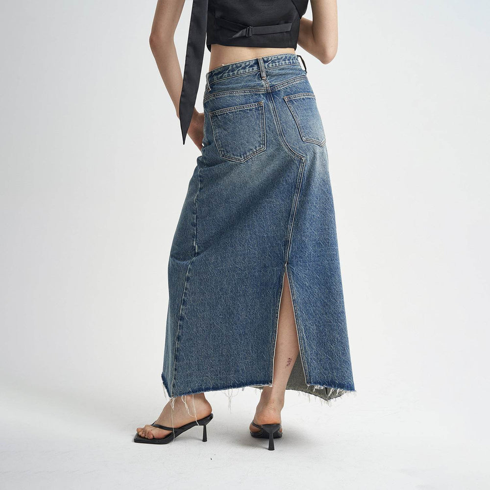 Washed Denim Front Split High-grade Jeans Skirt - EX-STOCK Canada
