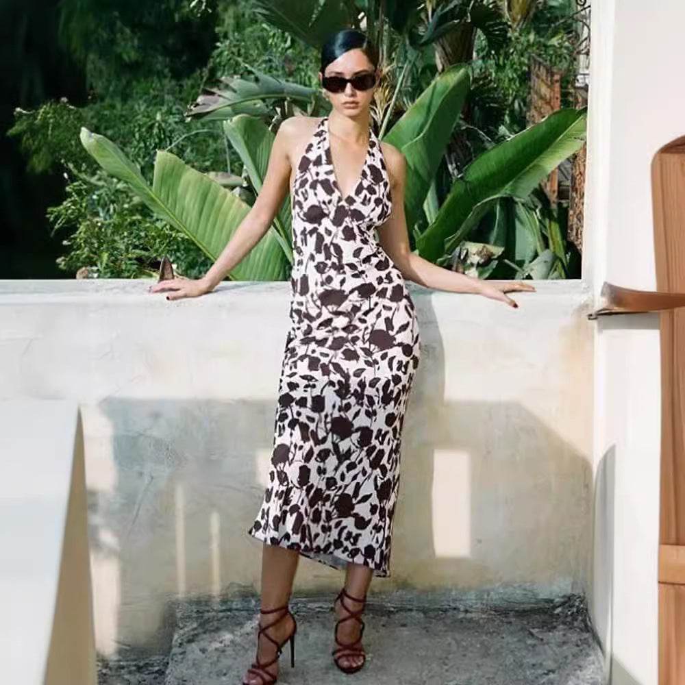 French Vest Printed Midi Floral Summer New Elegant Backless V-neck Halter Dress - EX-STOCK Canada