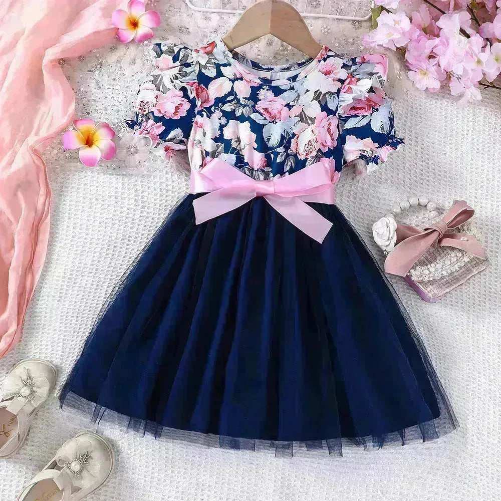 Girls Sola Sleeve Flower Stamping Mesh Abito da bambina Abito da bambina