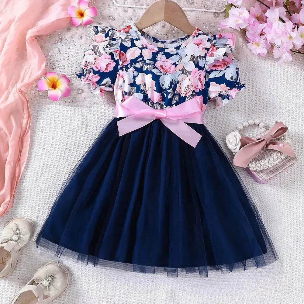 girls mesh dress Girls Puff Sleeve Flower Printed Mesh Dress Baby girl Dress gown