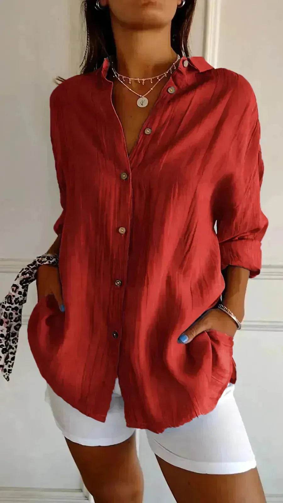 Fashionable Lapel Long Sleeve Shirt Top Women's Single-breasted Pleated Shirt Women Tops - EX-STOCK Canada