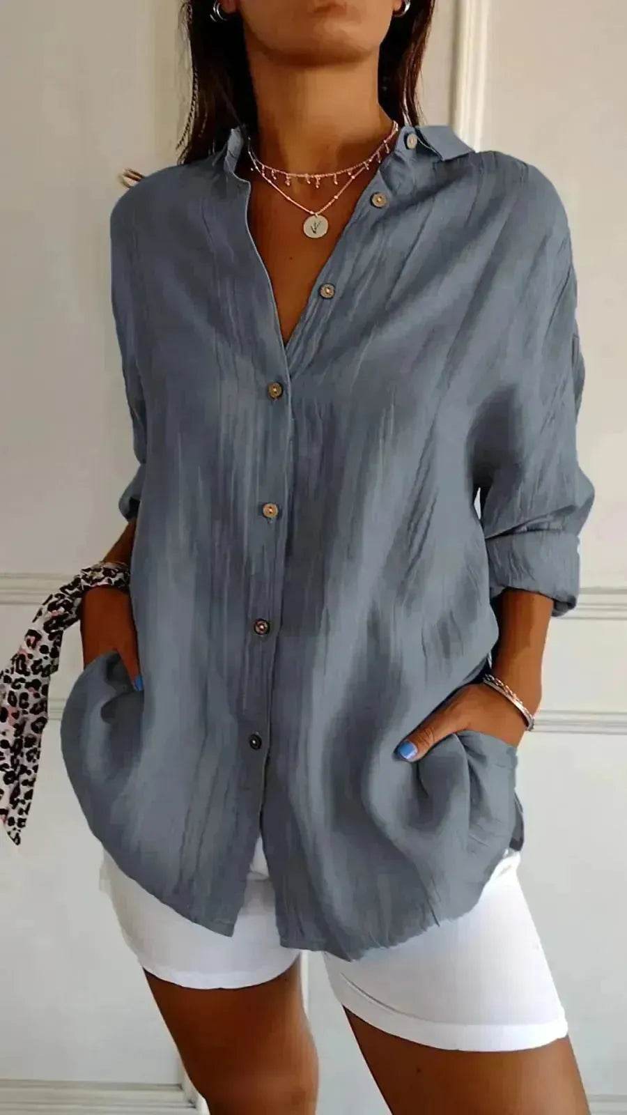 Fashionable Lapel Long Sleeve Shirt Top Women's Single-breasted Pleated Shirt Women Tops - EX-STOCK Canada
