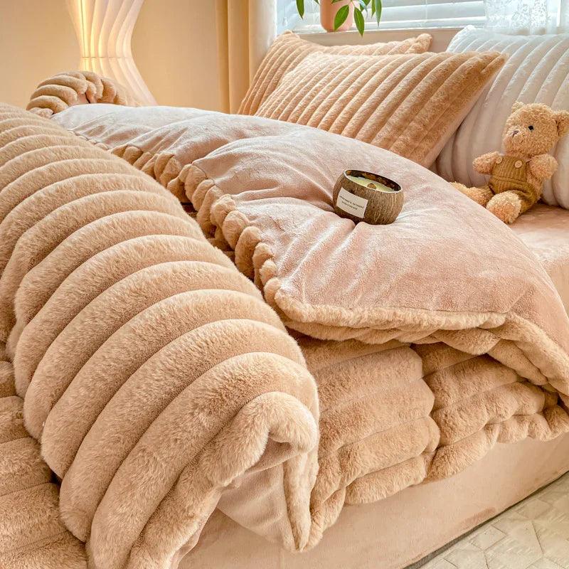 Rabbit Plush Four-piece Set Thickened Milk Fiber Sheets Coral Fleece Duvet Cover EX-STOCK Canada