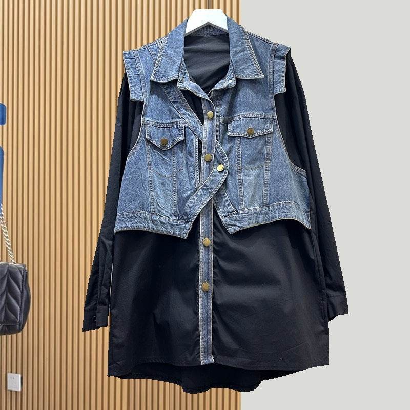 Spring and Autumn Loose Casual Denim Splicing Shirt Women's Mid-Length Fake Two-Piece Vest Jacket - EX-STOCK Canada