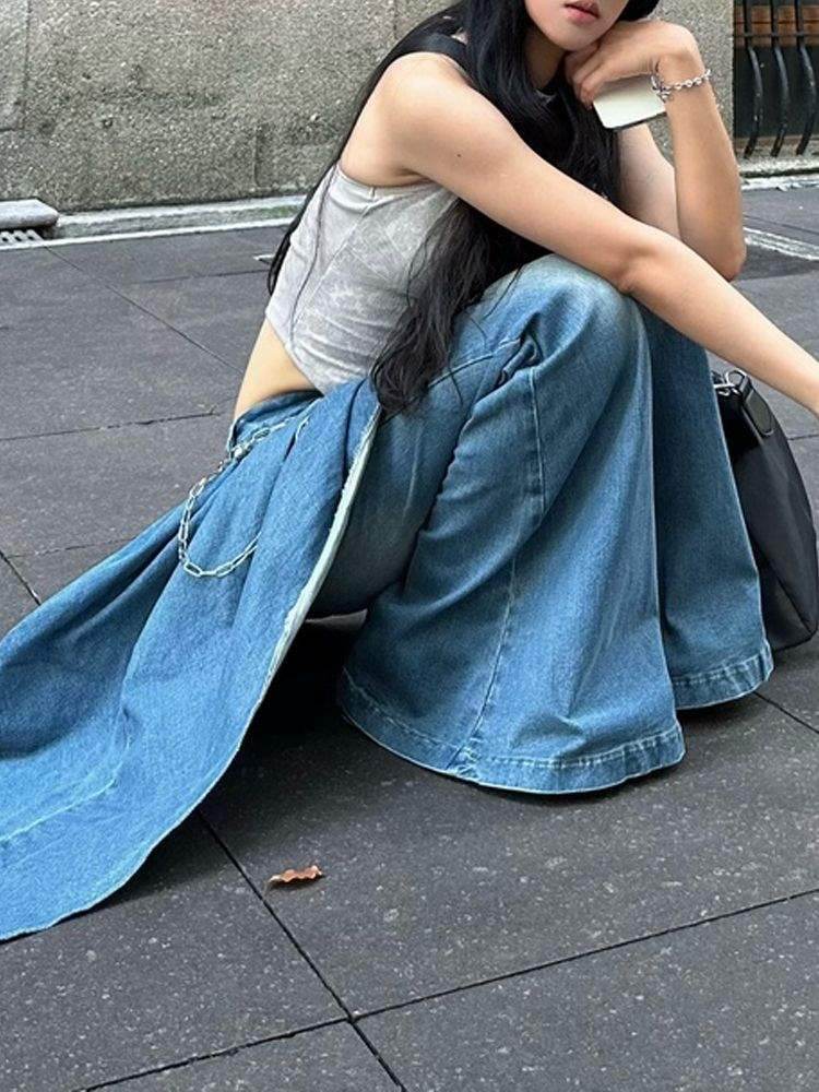 False two piece Denim Skirt High waist Fake 2 piece Skirt jeans pant - EX-STOCK Canada