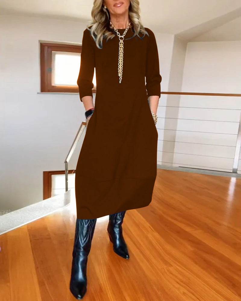 Autumn And Winter New All-matching Solid Color Loose Round-neck Long-sleeved Dress Women - EX-STOCK Canada