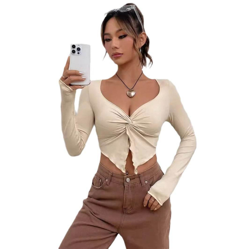 Slim fit top Front Twist Irregular Long Sleeve V-neck tank top For Women - EX-STOCK Canada