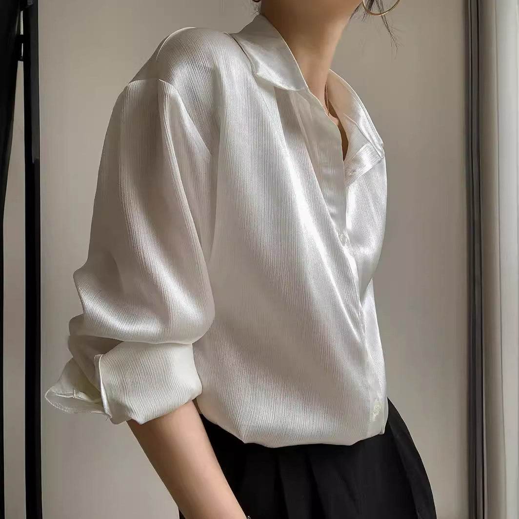 White Texture Long sleeve button Satin Shirt For Work business office - EX-STOCK Canada