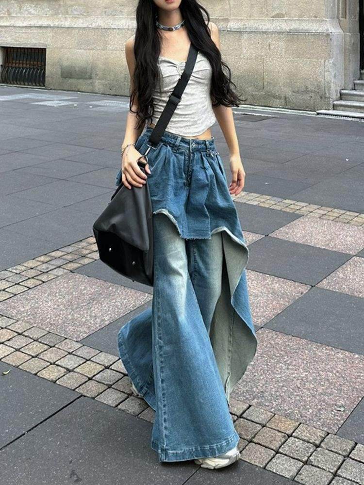 False two piece Denim Skirt High waist Fake 2 piece Skirt jeans pant - EX-STOCK Canada