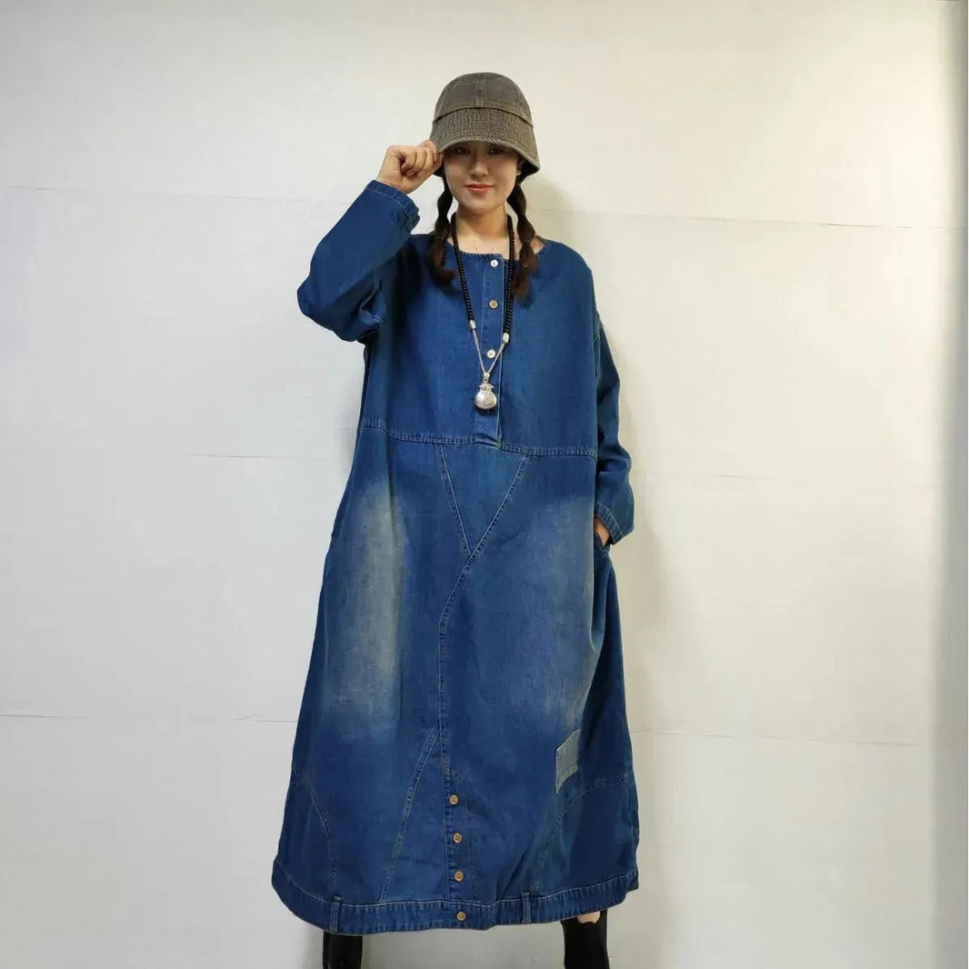 Loose-fitting Casual Round-neck Long-sleeved Oversized Long Denim Dress - EX-STOCK CANADA