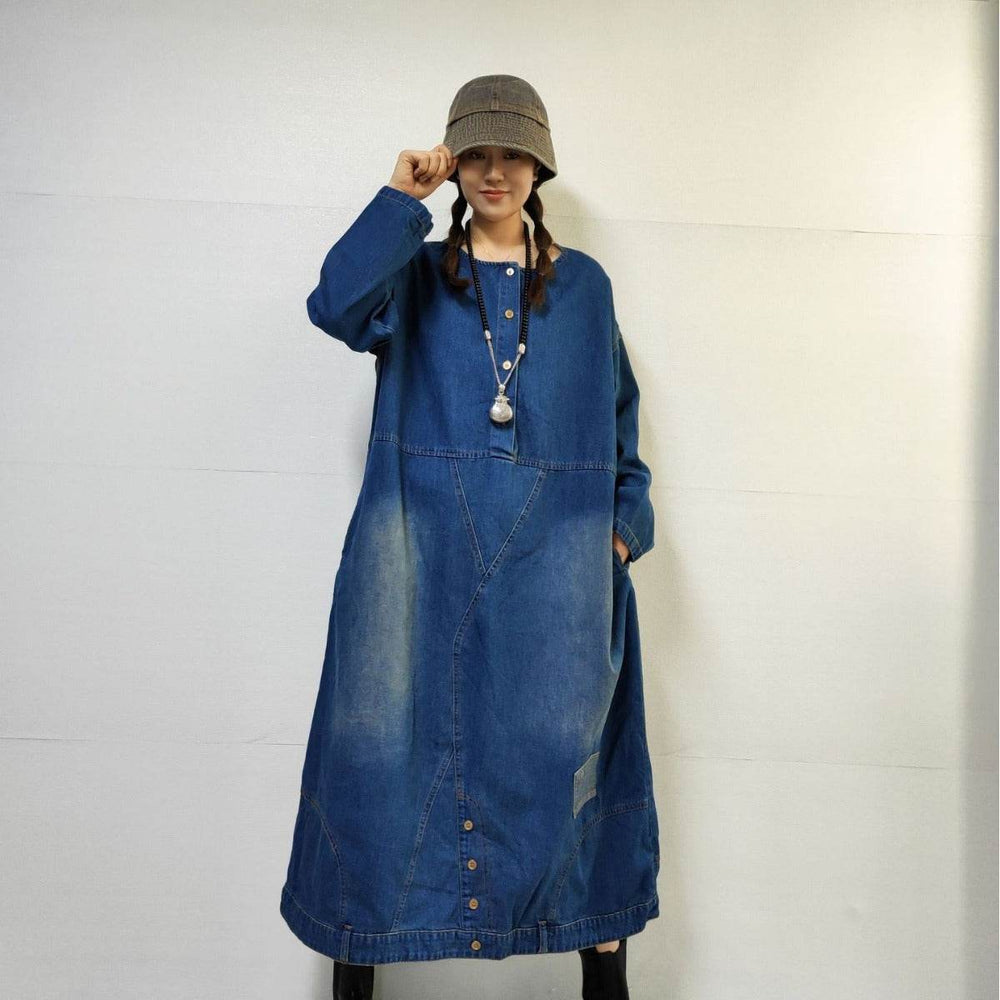 Loose-fitting Casual Round-neck Long-sleeved Oversized Long Denim Dress - EX-STOCK Canada