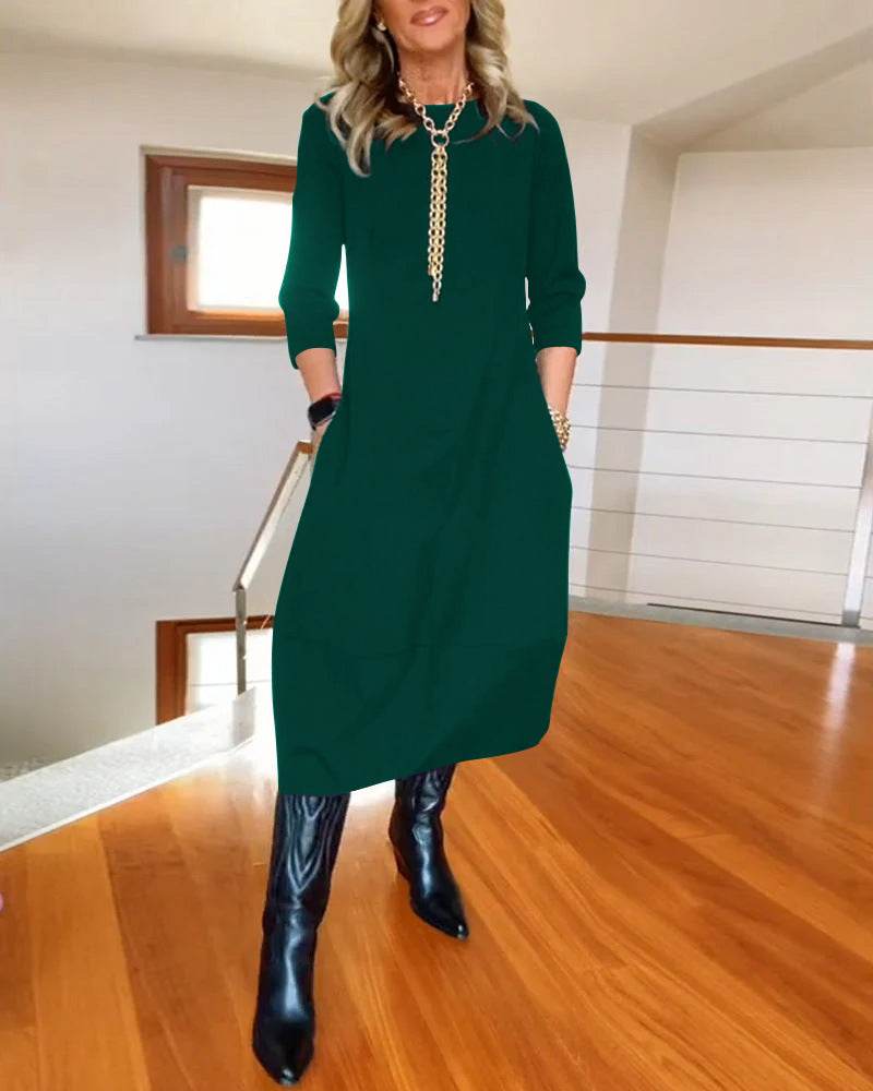Autumn And Winter New All-matching Solid Color Loose Round-neck Long-sleeved Dress Women - EX-STOCK Canada