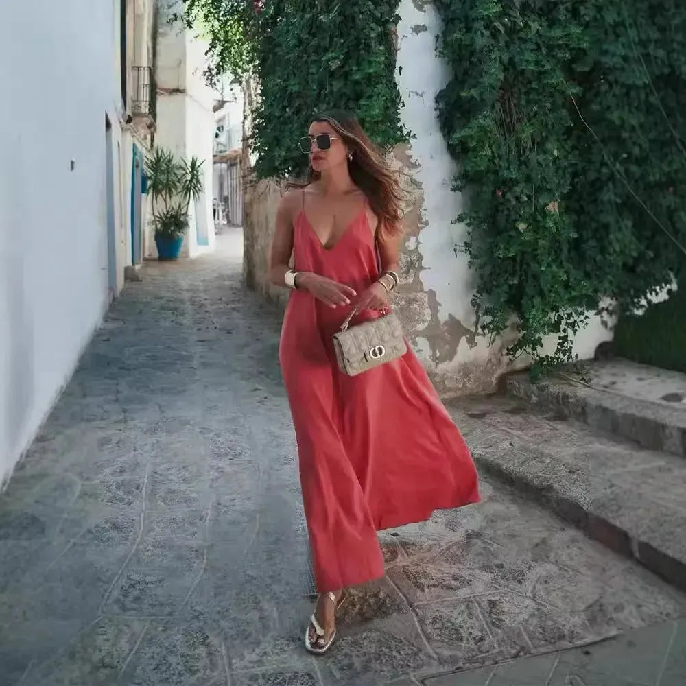 Elegant Women’s Summer Maxi Dress Casual Spaghetti Straps Solid V-Neck Cami Backless Dresses - EX-STOCK CANADA