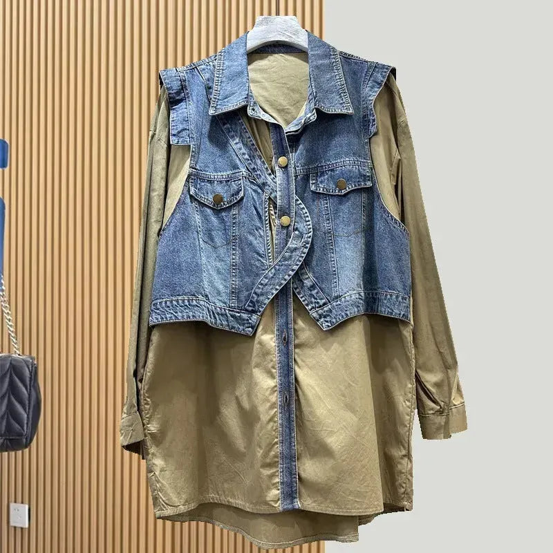 Spring and Autumn Loose Casual Denim Splicing Shirt Women's Mid-Length Fake Two-Piece Vest Jacket - EX-STOCK CANADA